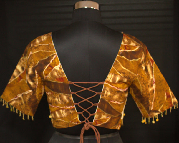 blouse with sleeves and hand work and lace work -brown color mixed with cream color