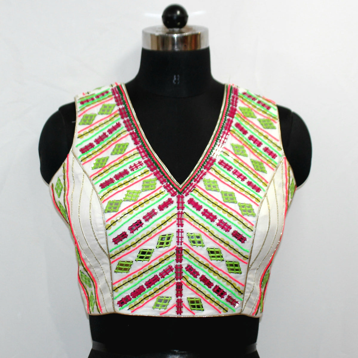 White Sleeveless Blouse with Hand, Lace & Mirror Work - image 2