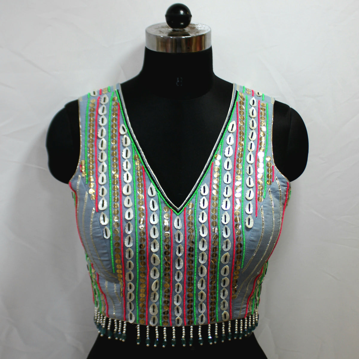 Designer Sleeveless Blouse with All-Over Oyster Work - LABEL KAVITA