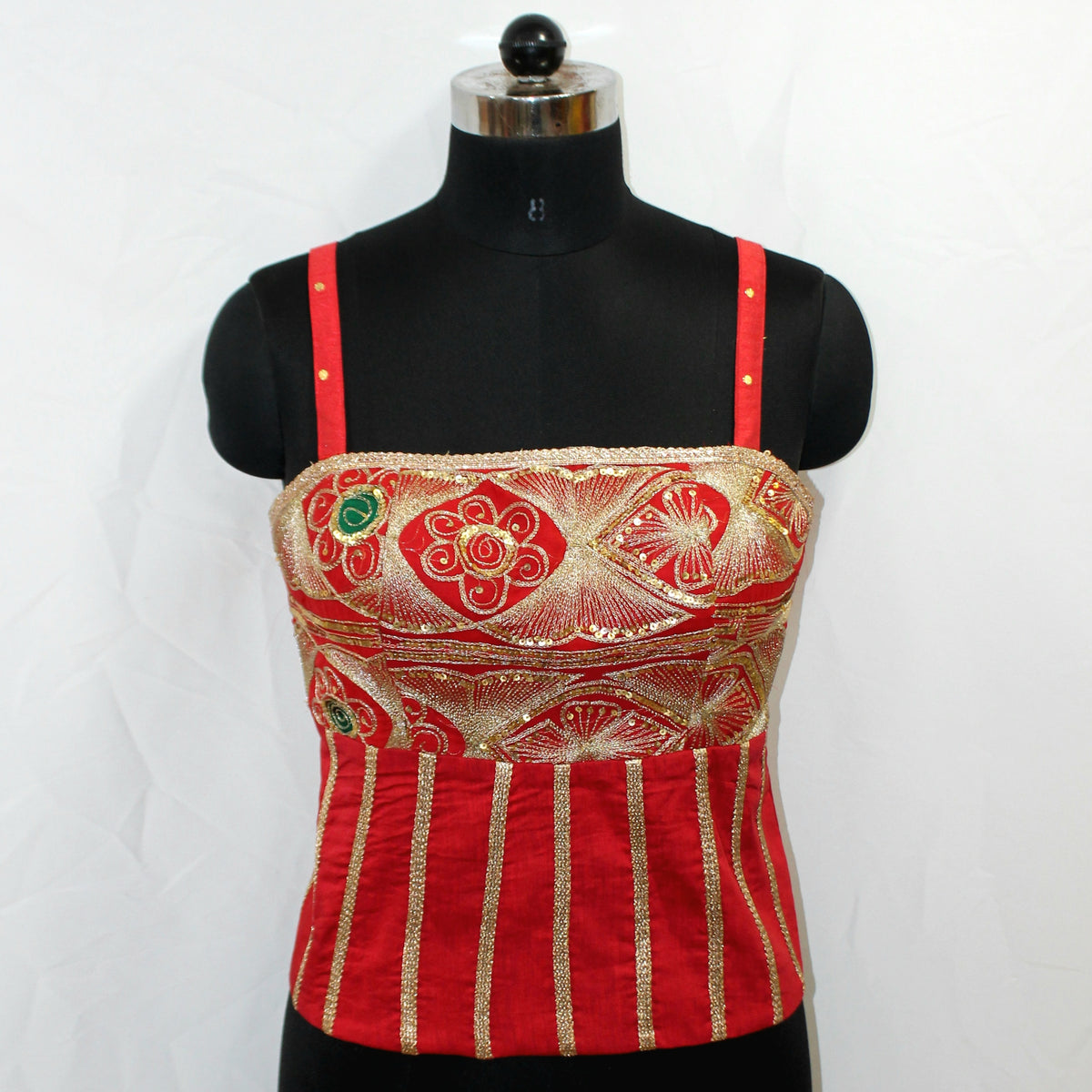 Red Sleeveless Long Choli Top with Chest Hand Work - LABEL KAVITA