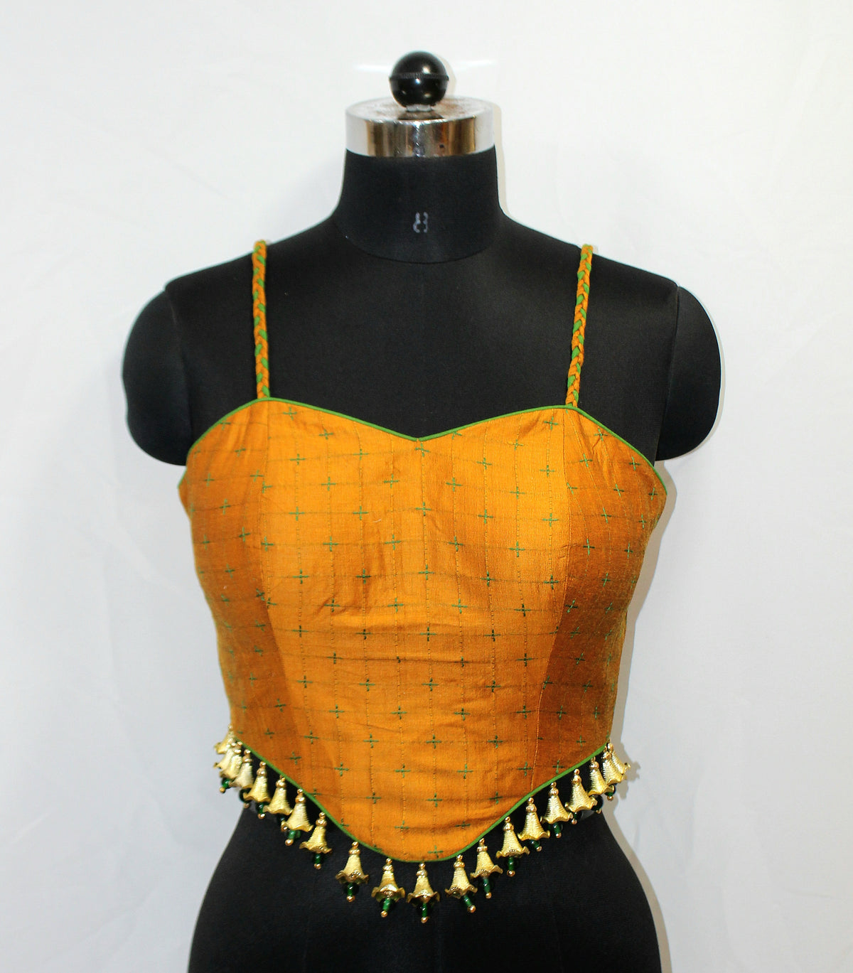 Gold Sleeveless Blouse Top with Front Tassels for Navratri - LABEL KAVITA