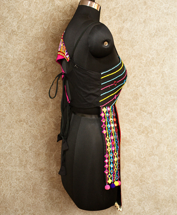 long blouse with back strings, lace work, hand work, and one side sleeves