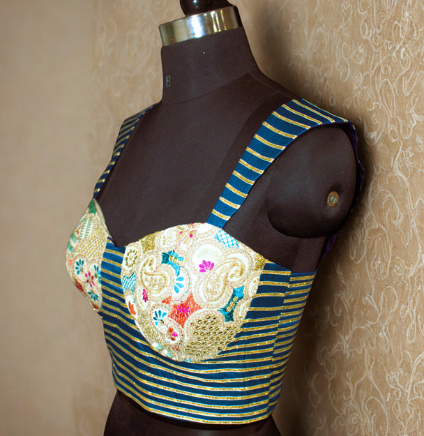 blue and cream color lace work blouse for all occasions