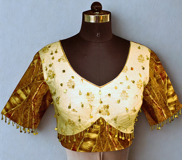 blouse with sleeves and hand work and lace work -brown color mixed with cream color