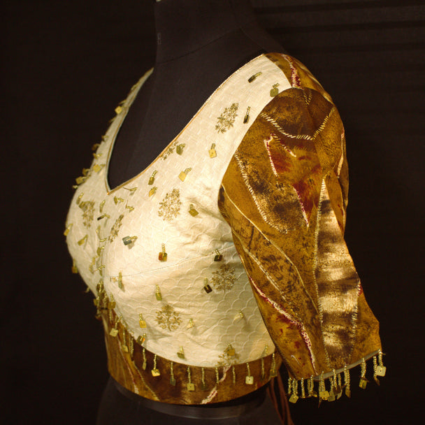 blouse with sleeves and hand work and lace work -brown color mixed with cream color