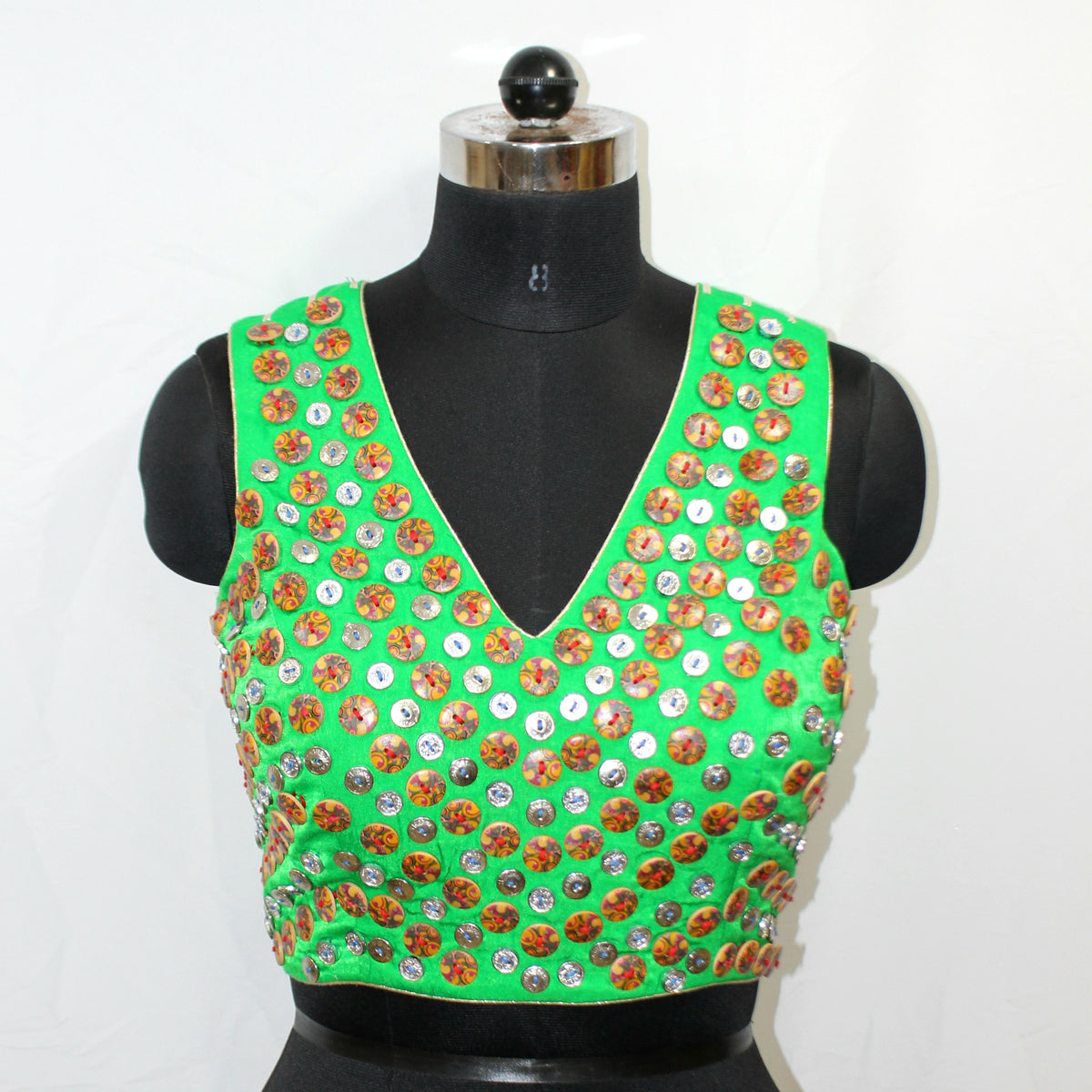Bright Green Sleeveless Blouse with Full Hand Embroidery - LABEL KAVITA