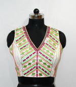 White Sleeveless Blouse with Hand, Lace & Mirror Work - LABEL KAVITA
