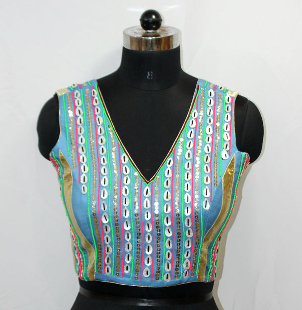 DESIGNER SLEEVE LESS BLOUSE WITH OYSTER WORK