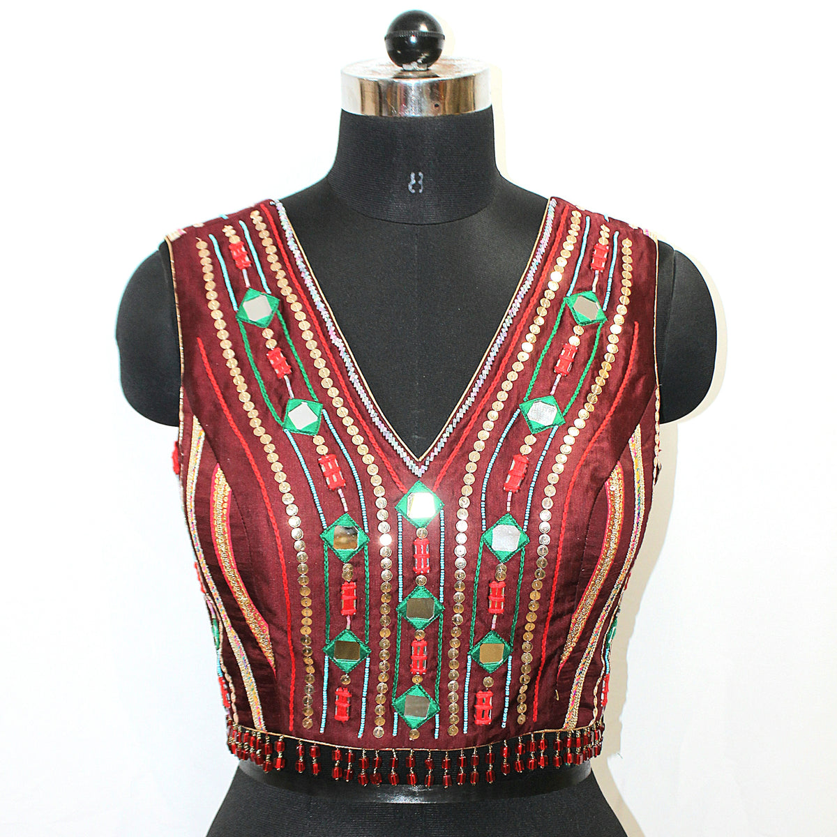 Maroon Sleeveless Blouse with Loaded Hand Embroidery - LABEL KAVITA