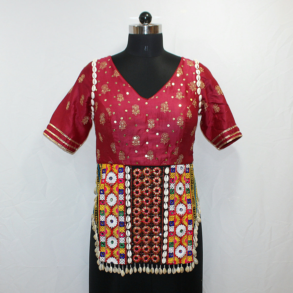 Maroon Red Long Navratri Blouse with Heavy Hand Work - LABEL KAVITA