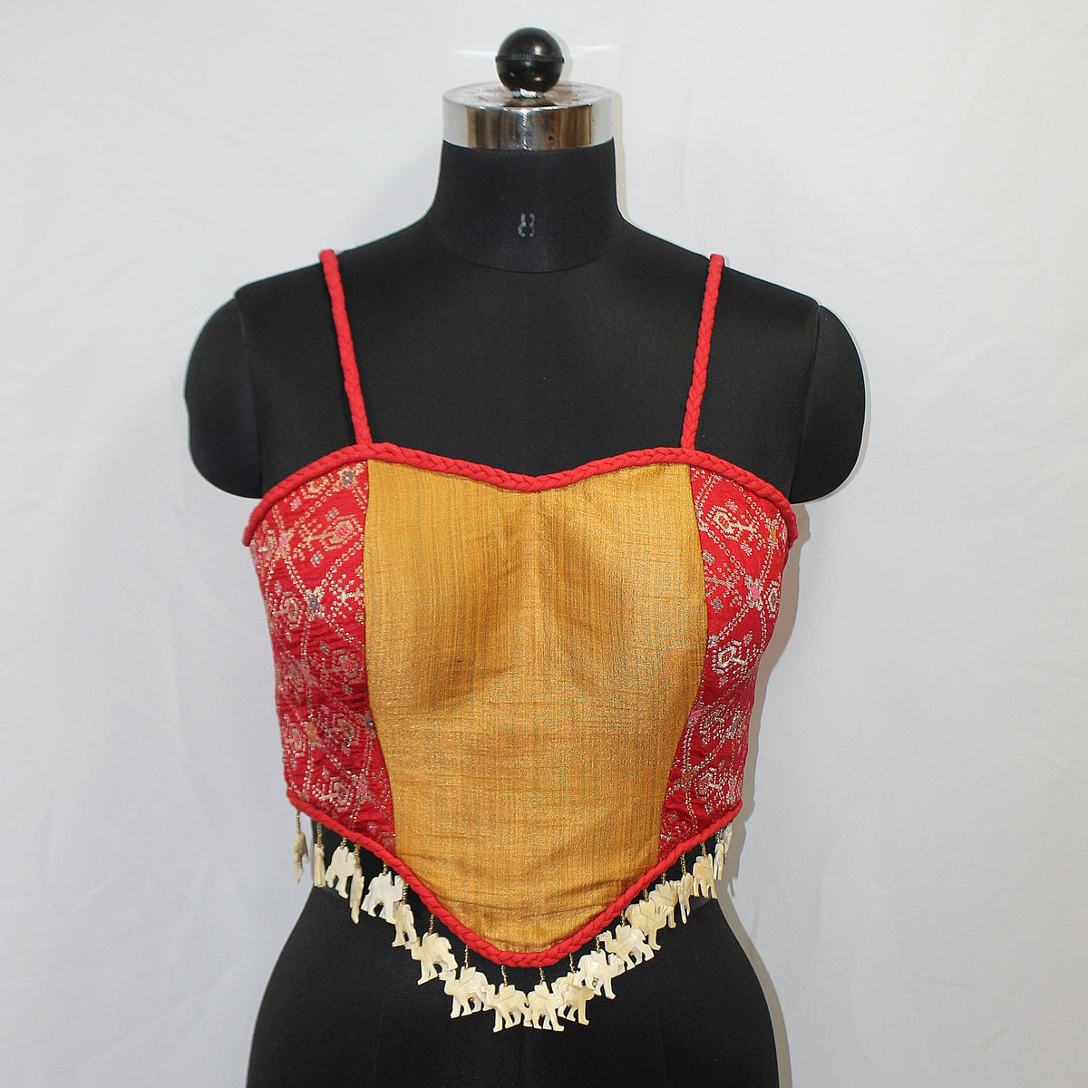 Gold & Red Sleeveless Blouse with Hathi Latkans - LABEL KAVITA