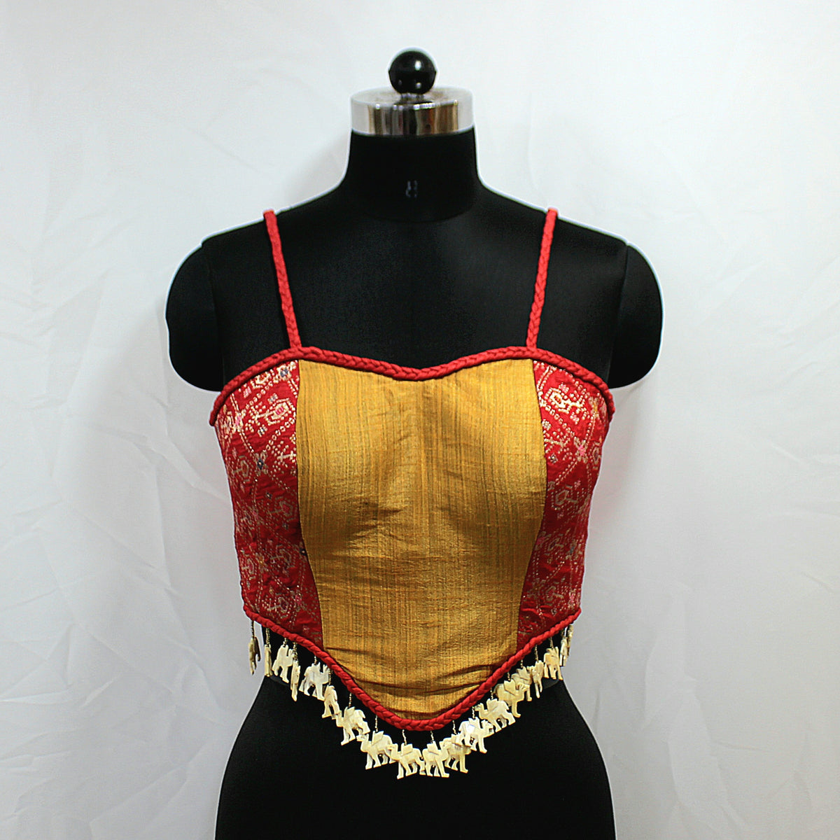 Gold & Red Sleeveless Blouse with Hathi Latkans - image 2