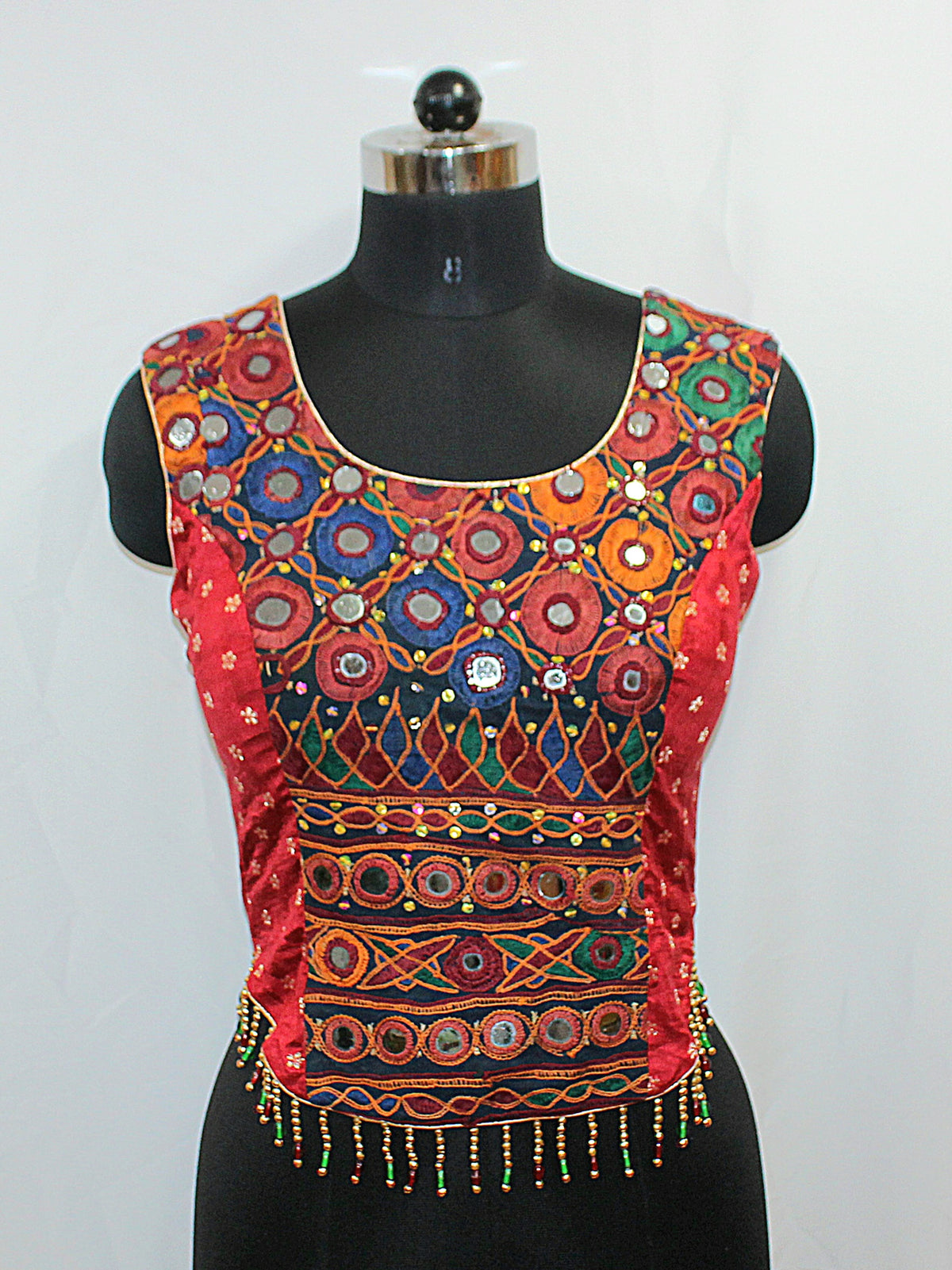 Red Maroon Long Sleeveless Blouse with Front Tassels - LABEL KAVITA