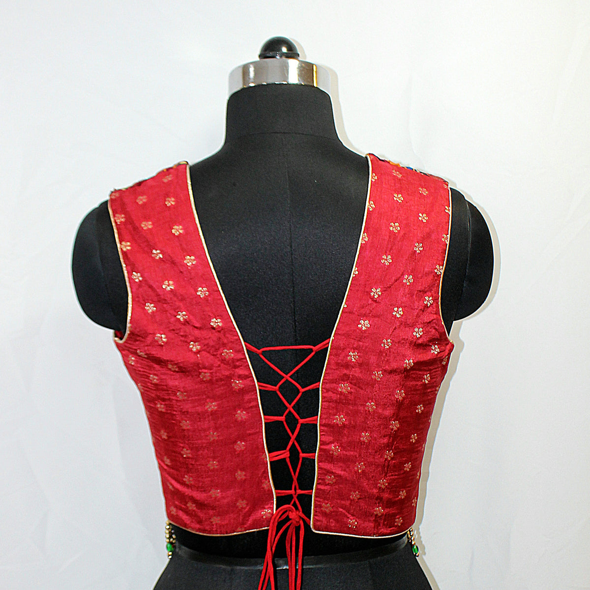 Red Maroon Long Sleeveless Blouse with Front Tassels - image 2