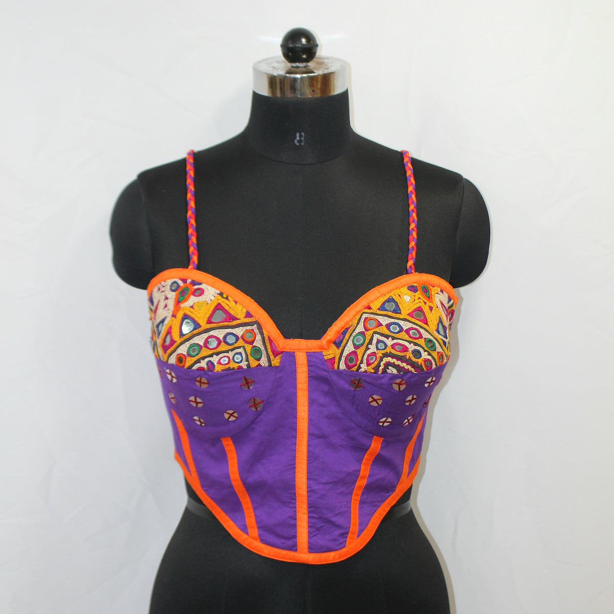 Purple Shoulder Strap Blouse with Hand Patch Work & Orange Strings - LABEL KAVITA