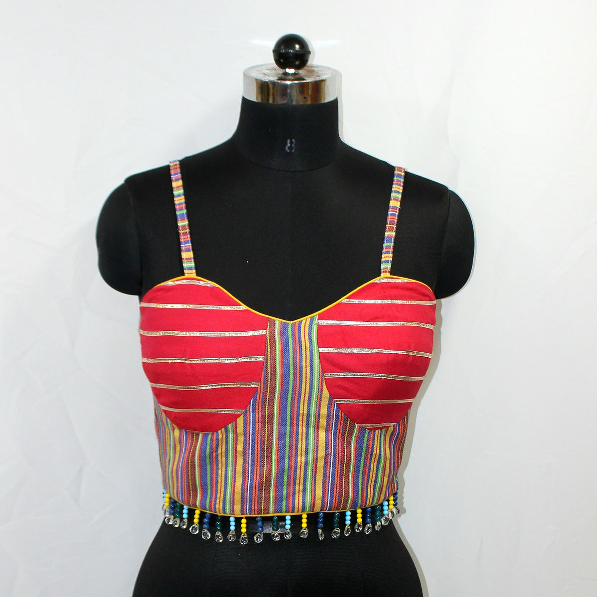 Denim Stripe & Cotton Silk Shoulder Strap Blouse with Tassels - LABEL KAVITA