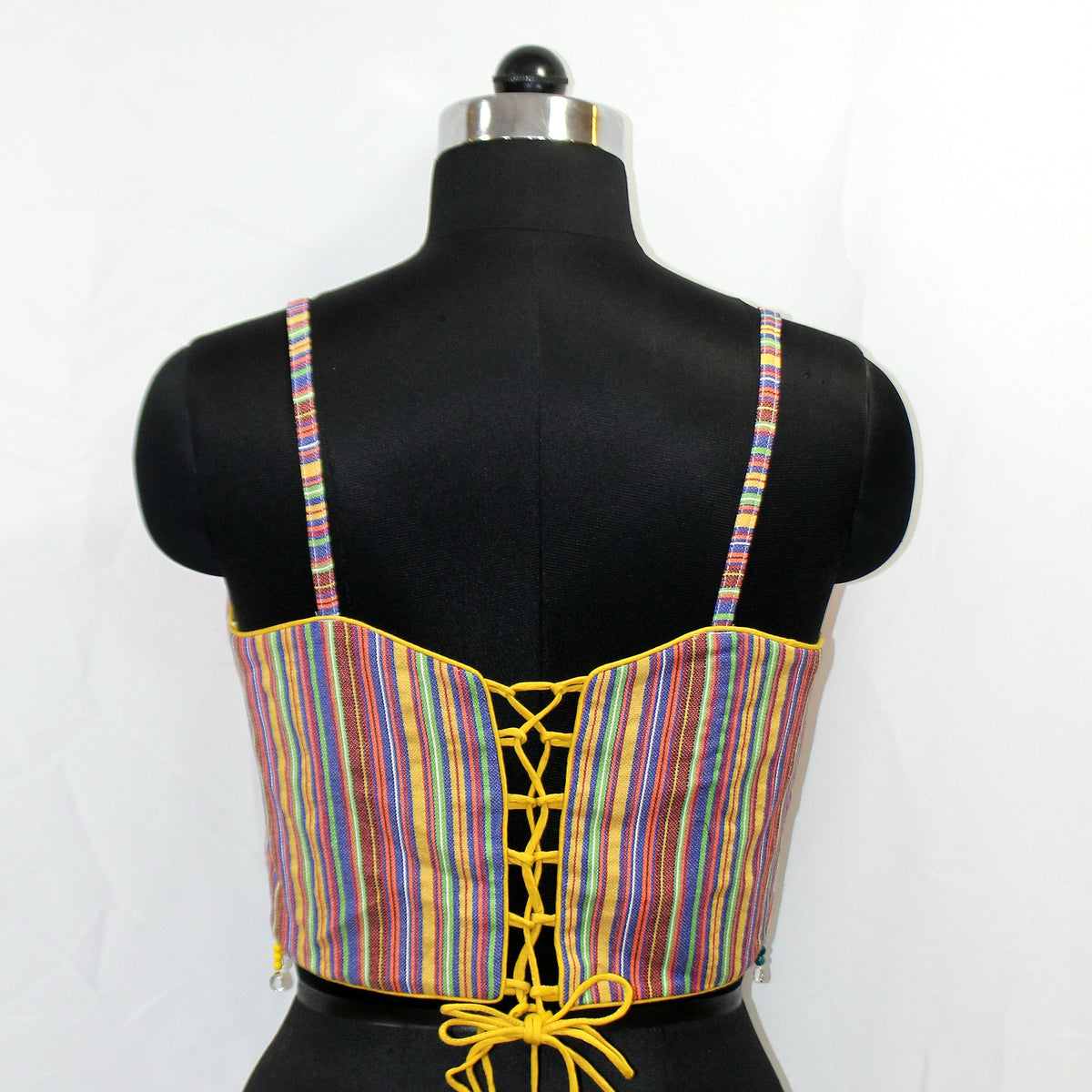 Denim Stripe & Cotton Silk Shoulder Strap Blouse with Tassels - image 2