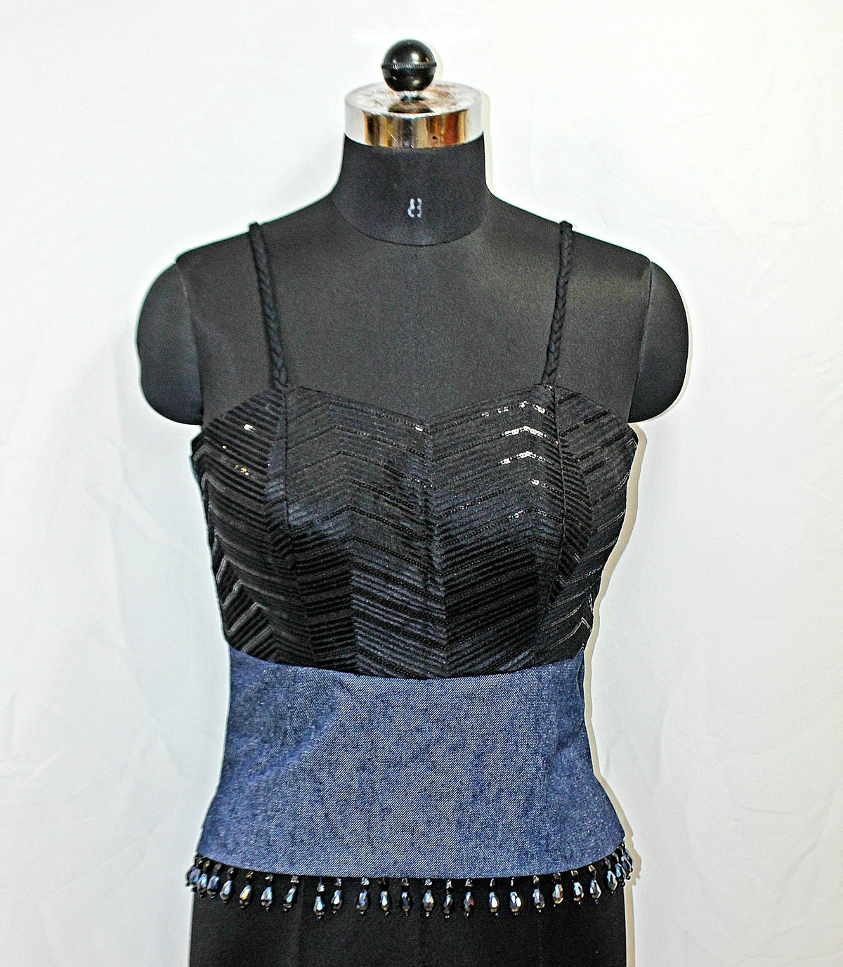 Half Black & Blue Denim Sleeveless Choli Top - LABEL KAVITA