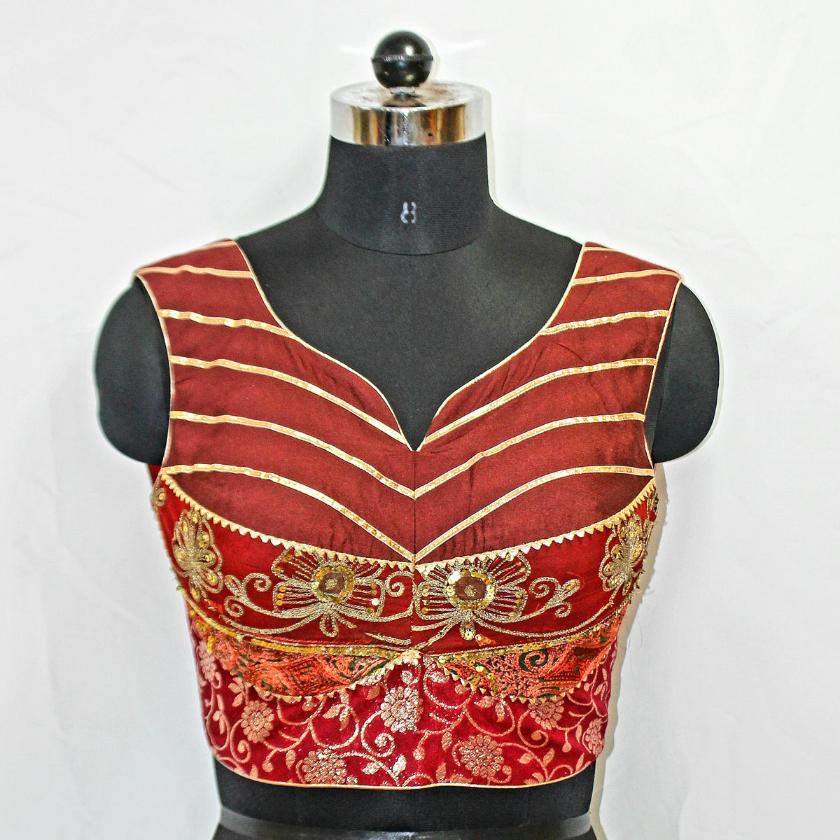 Maroon Red Sleeveless Blouse with Antique Fabric Work - LABEL KAVITA