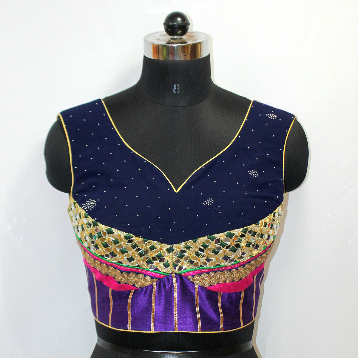 Navy Blue & Purple Blouse Top with Mirror & Hand Work - LABEL KAVITA