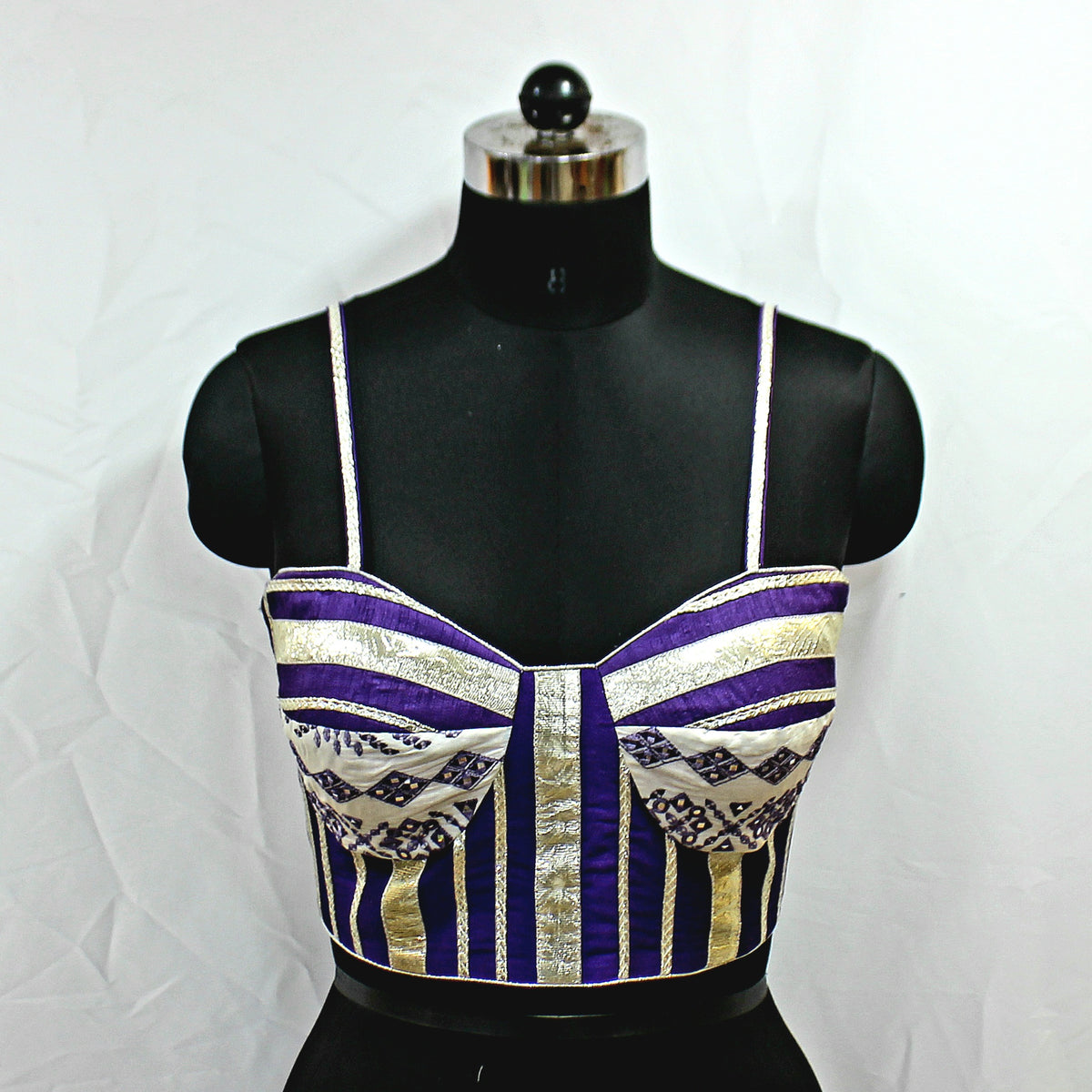 Purple Sleeveless Blouse with Gold Lace Work - LABEL KAVITA