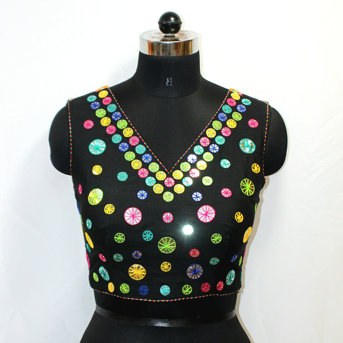 Black Designer Blouse Top with Hand Embroidery & Mirror Work - LABEL KAVITA