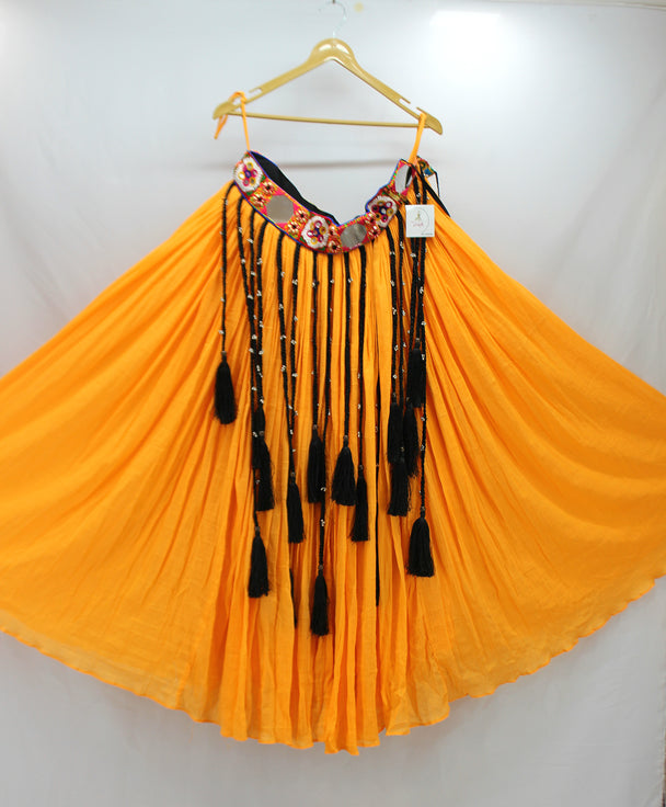 yellow crush mirror work belt lengha