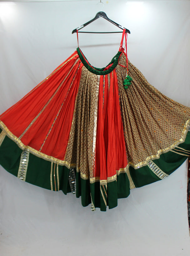 orange printed with mirror lace lengha
