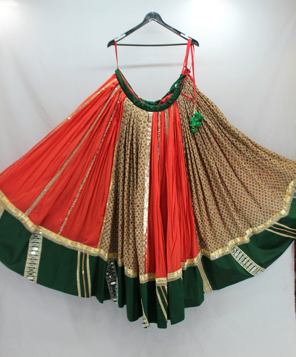 orange printed with mirror lace lengha