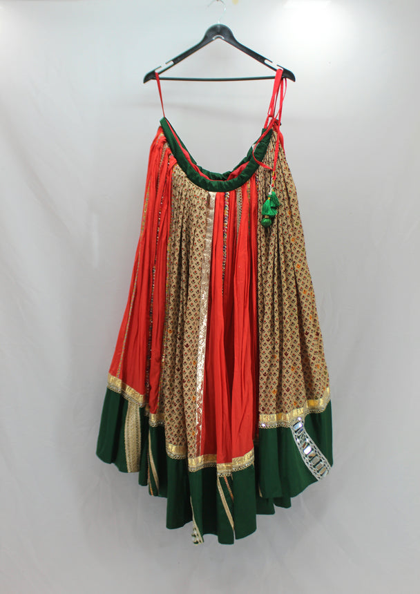 orange printed with mirror lace lengha