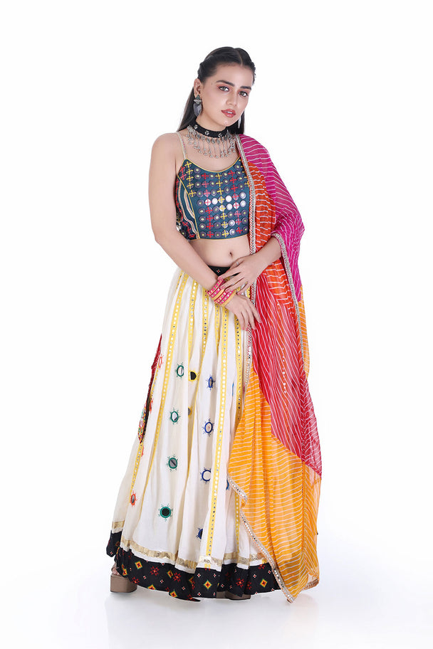 embroidered mirror work chaniya choli with leheriya dupatta