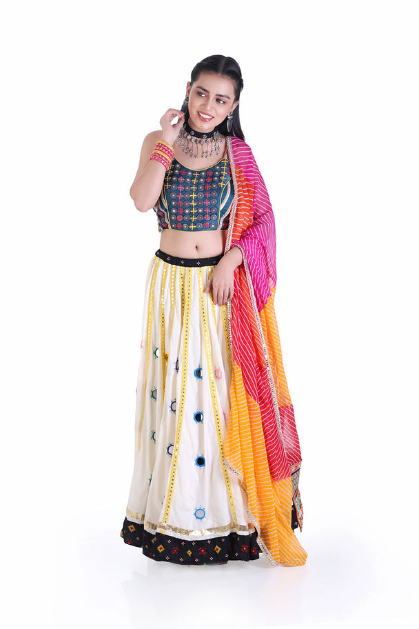 embroidered mirror work chaniya choli with leheriya dupatta