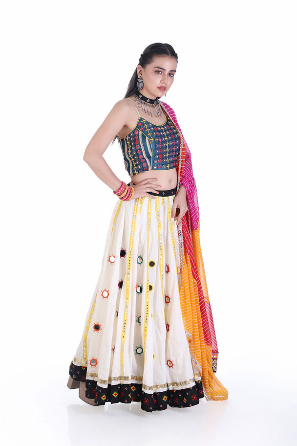 embroidered mirror work chaniya choli with leheriya dupatta