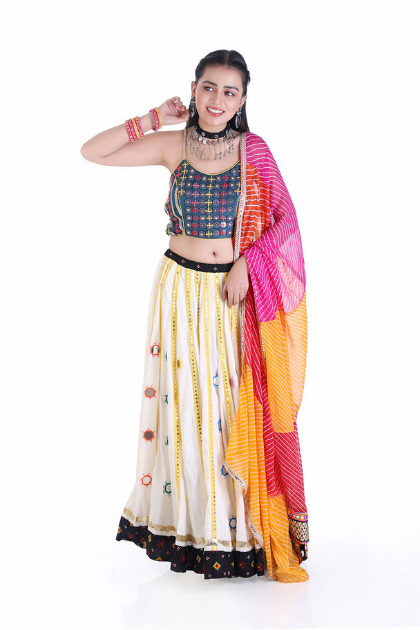 embroidered mirror work chaniya choli with leheriya dupatta
