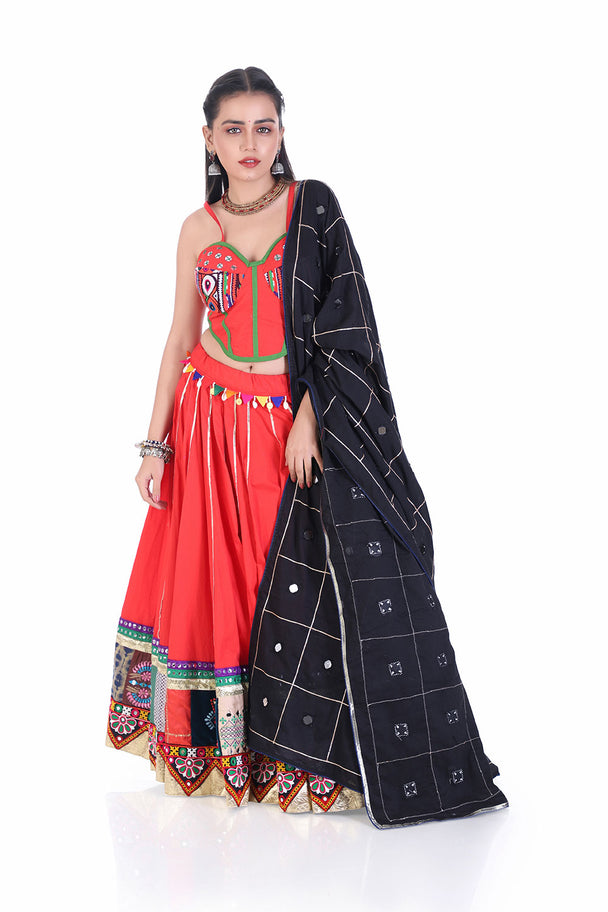 ethnic fusion red & black mirror work ensemble