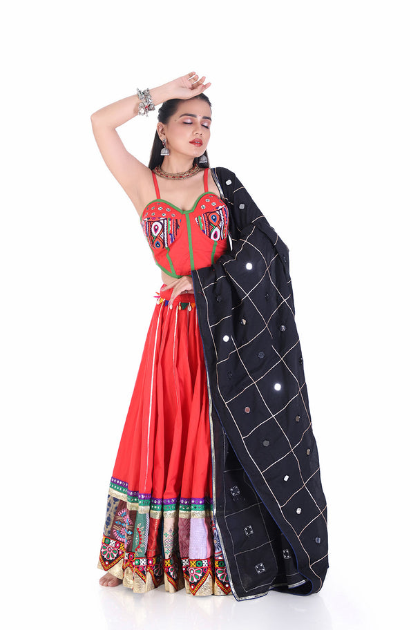 ethnic fusion red & black mirror work ensemble