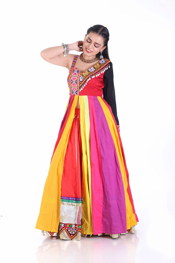 ethnic mirror work gown with radiant multicolor vertical panels