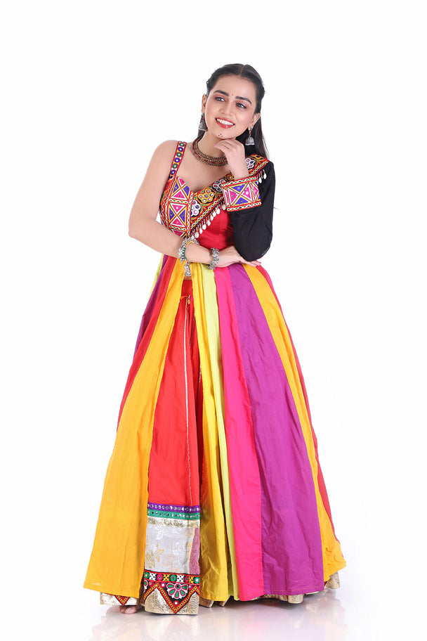 ethnic mirror work gown with radiant multicolor vertical panels
