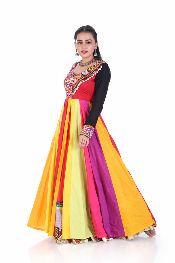 ethnic mirror work gown with radiant multicolor vertical panels