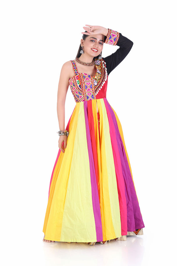 ethnic mirror work gown with radiant multicolor vertical panels