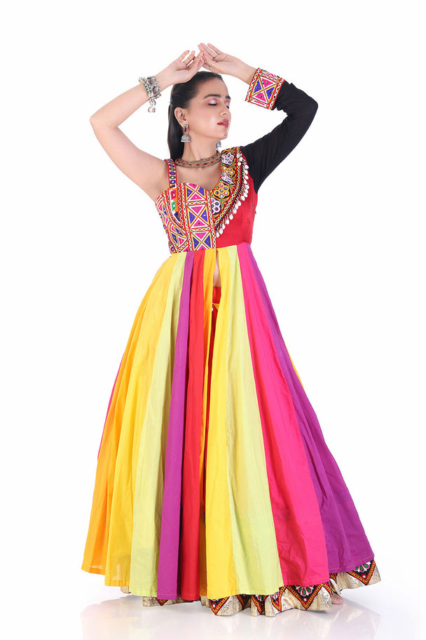 ethnic mirror work gown with radiant multicolor vertical panels
