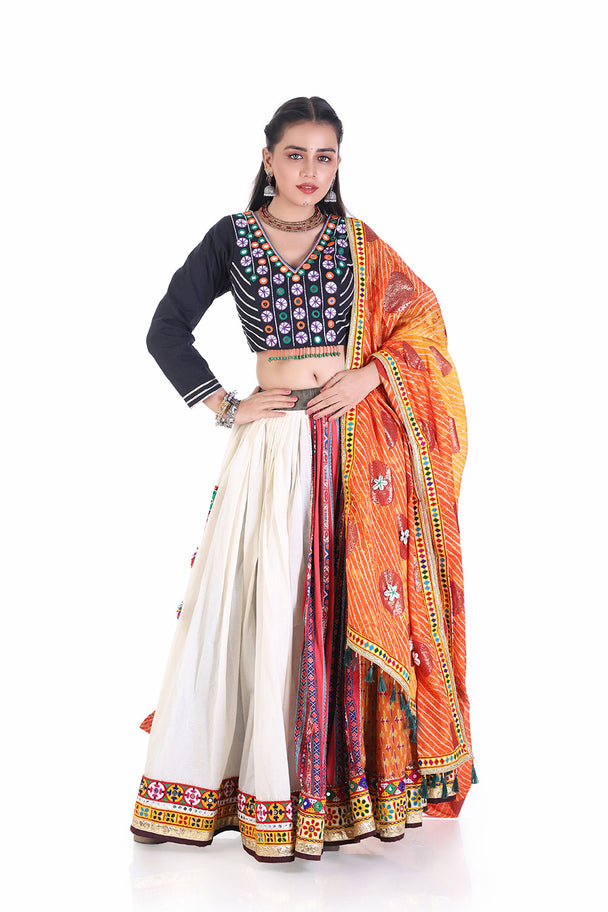 traditional embroidered chaniya choli set with bandhani dupatta