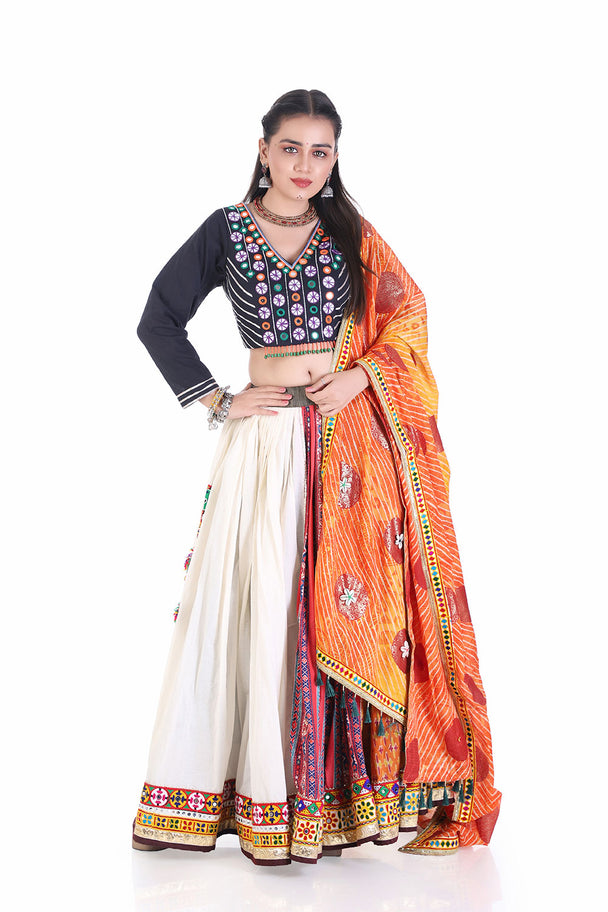 traditional embroidered chaniya choli set with bandhani dupatta