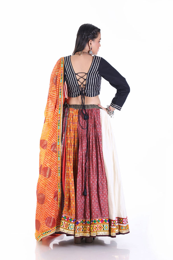 traditional embroidered chaniya choli set with bandhani dupatta