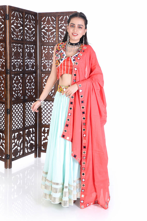 festive pastel blue & coral embroidered chaniya choli for navratri