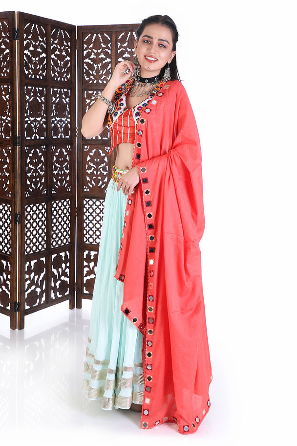 festive pastel blue & coral embroidered chaniya choli for navratri