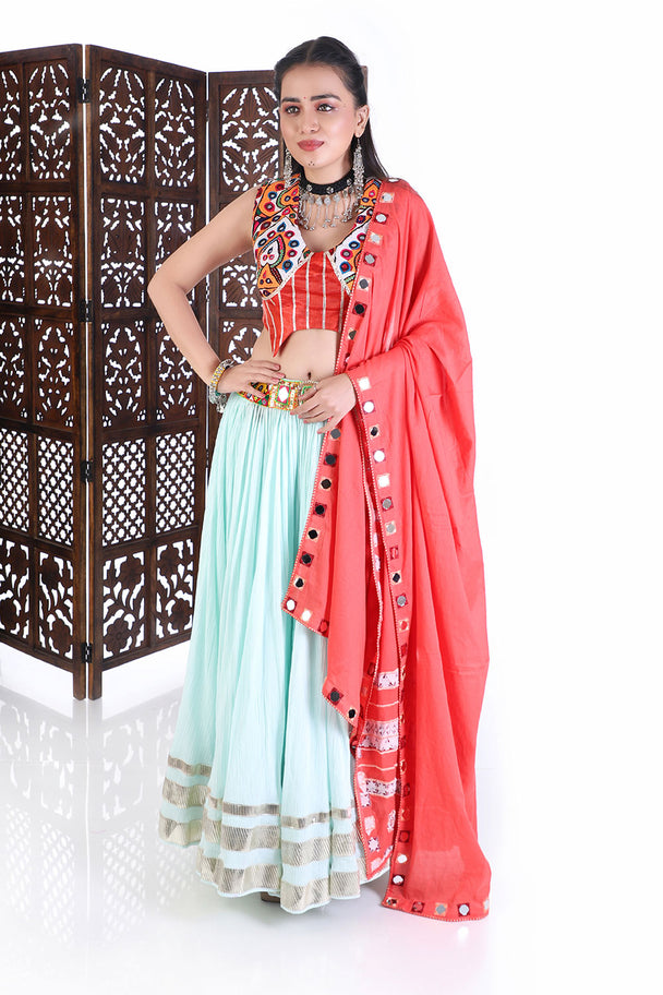 festive pastel blue & coral embroidered chaniya choli for navratri