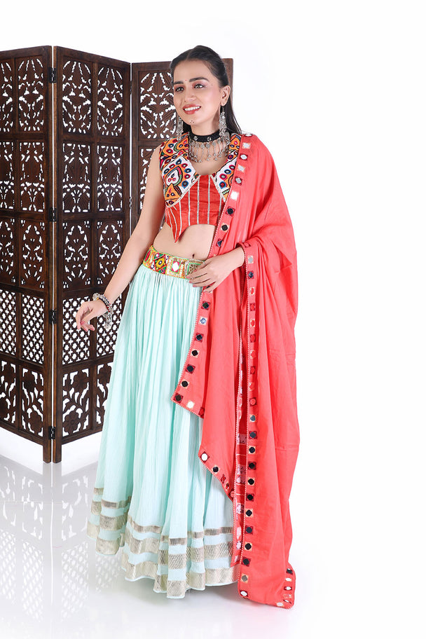 festive pastel blue & coral embroidered chaniya choli for navratri