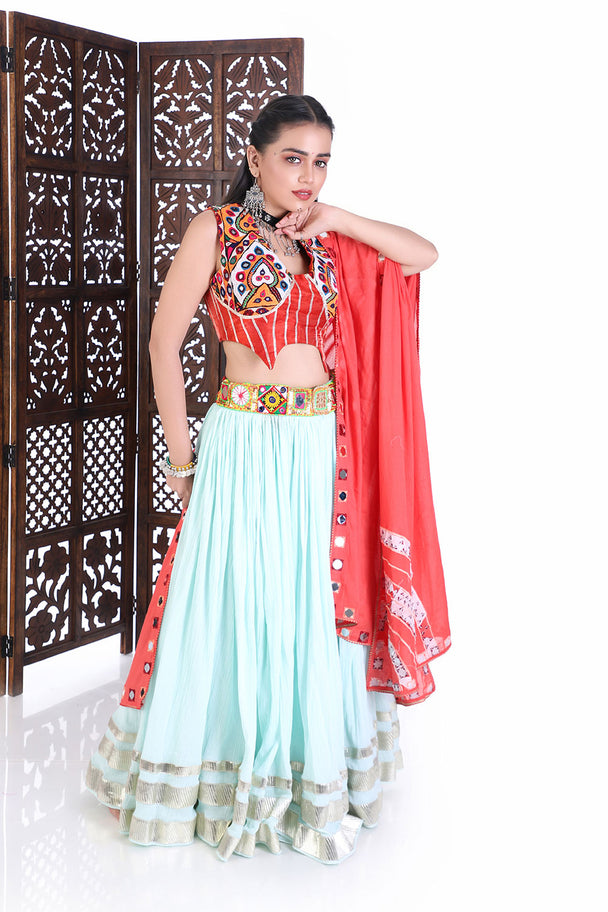 festive pastel blue & coral embroidered chaniya choli for navratri