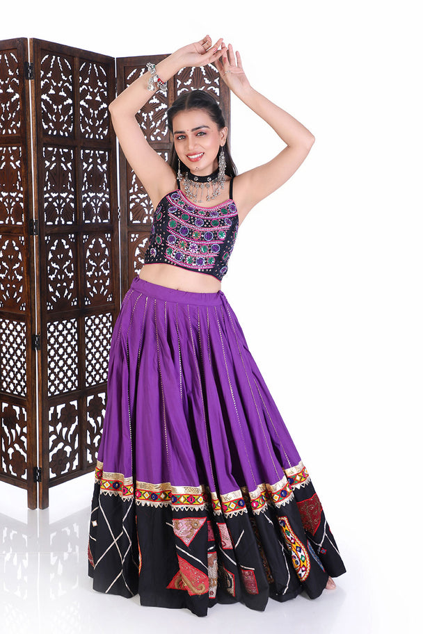 mirror work choli & flared purple lehenga set with traditional border